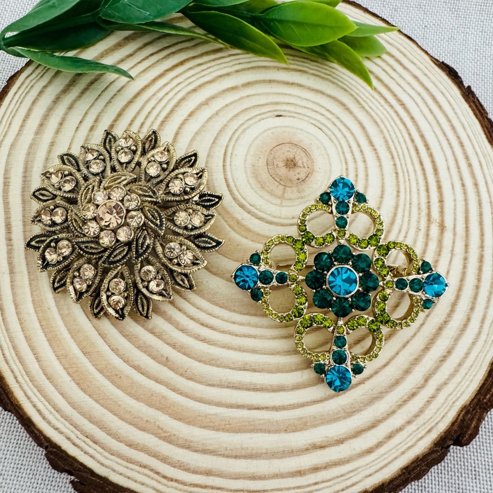 Bundle 2pc Vintage Style Crystal Brooches Brooch Jewelry teal olivine champagne